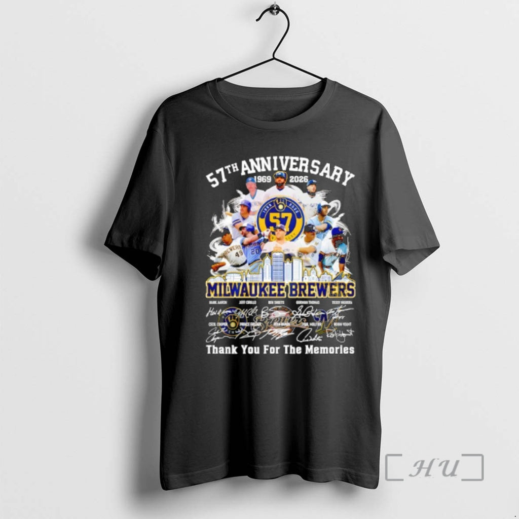 Officials Milwaukee Brewers 57th Anniversary 1969 2026 Players And City Skyline Signature Premium T Shirts