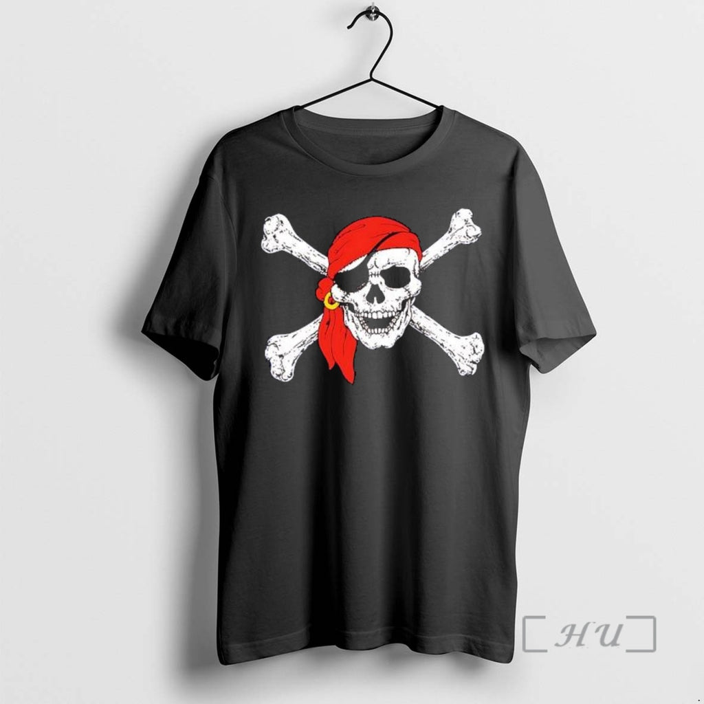 Officials Pirate Jolly Roger Skull Red Bandana Eye Patch Gold Earring Crossbones Graphic Nautical Premium