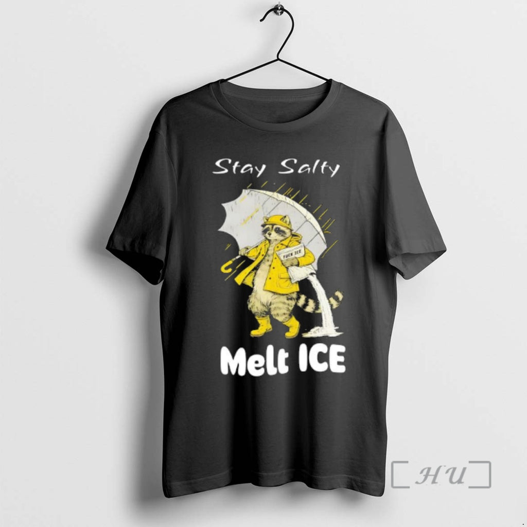 Officials Raccoon In A Yellow Raincoat Stay Salty Melt Ice Anti Ice Premium T Shirts