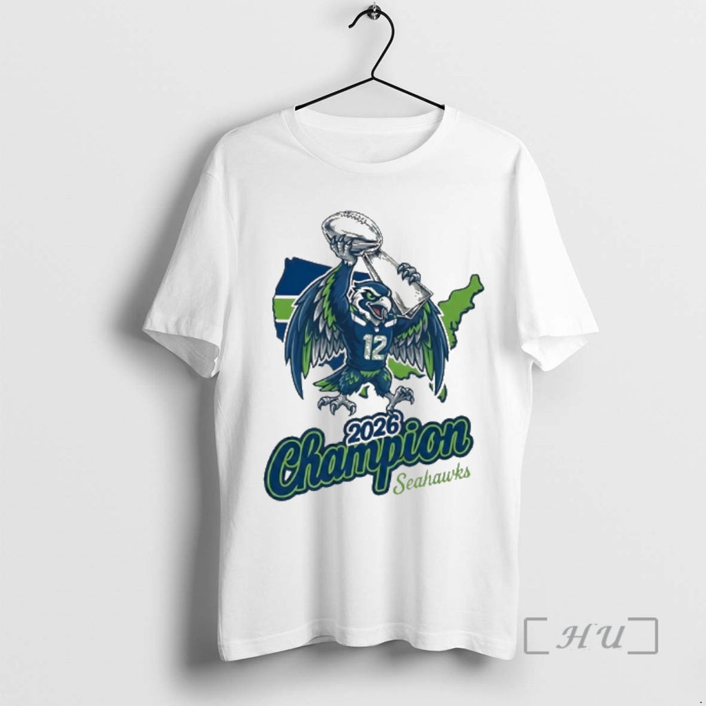 Officials Seattle Football 2026 Champion Hawk Mascot With Trophy