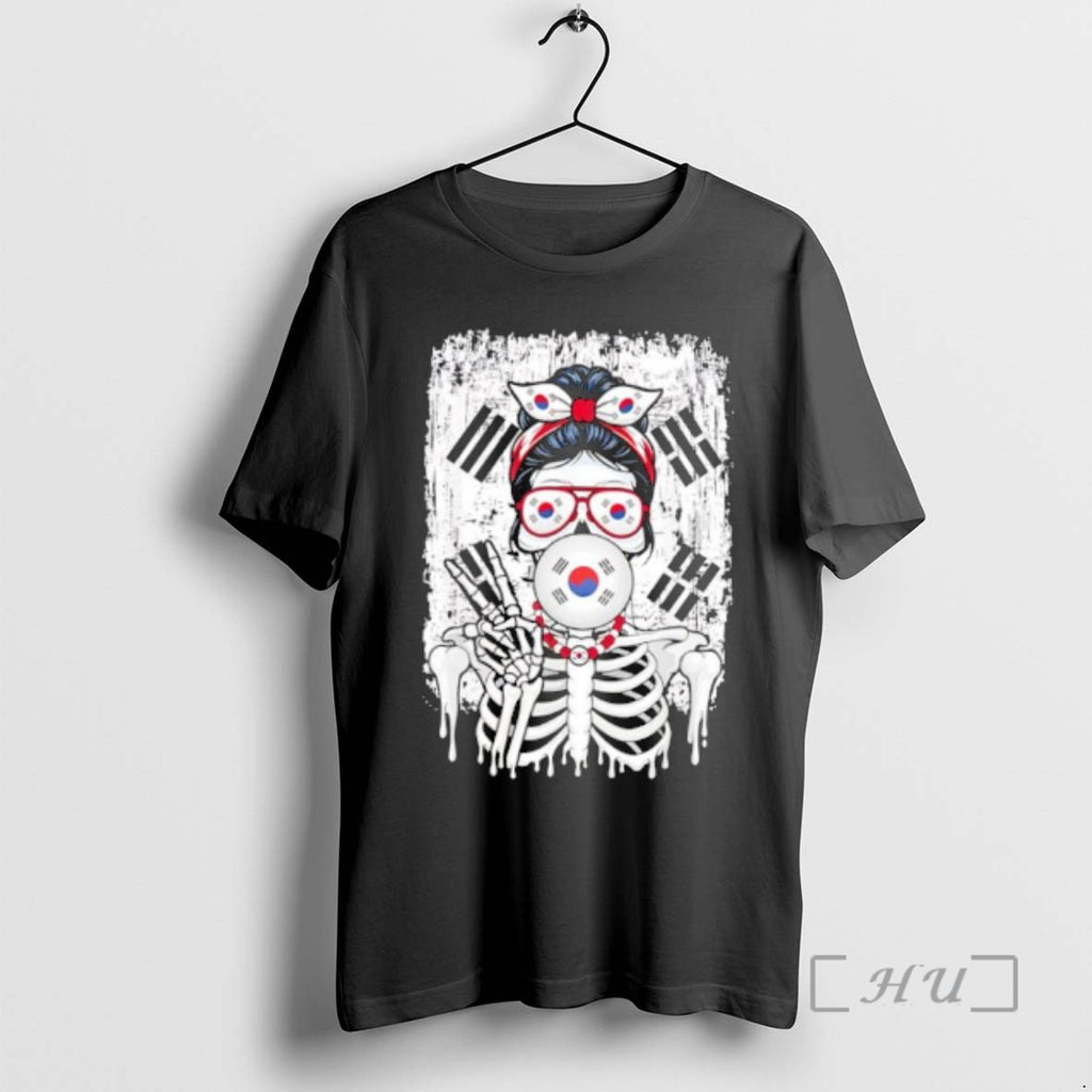 Officials South Korea Flag Skull Messy Bun Sunglasses Peace Sign Bubble Gum Premium T Shirts