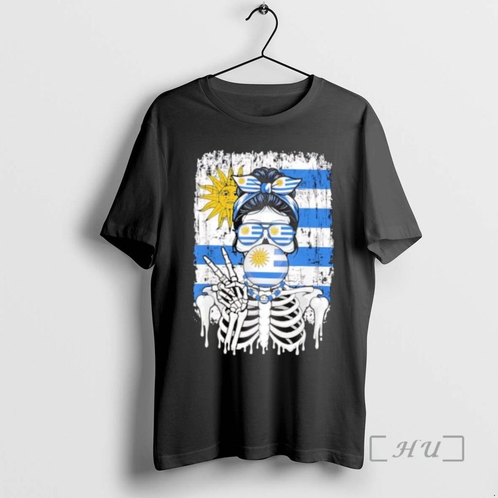 Officials Uruguay Flag Skull Messy Bun Sunglasses Peace Sign Bubble Gum Premium T Shirts Sweater