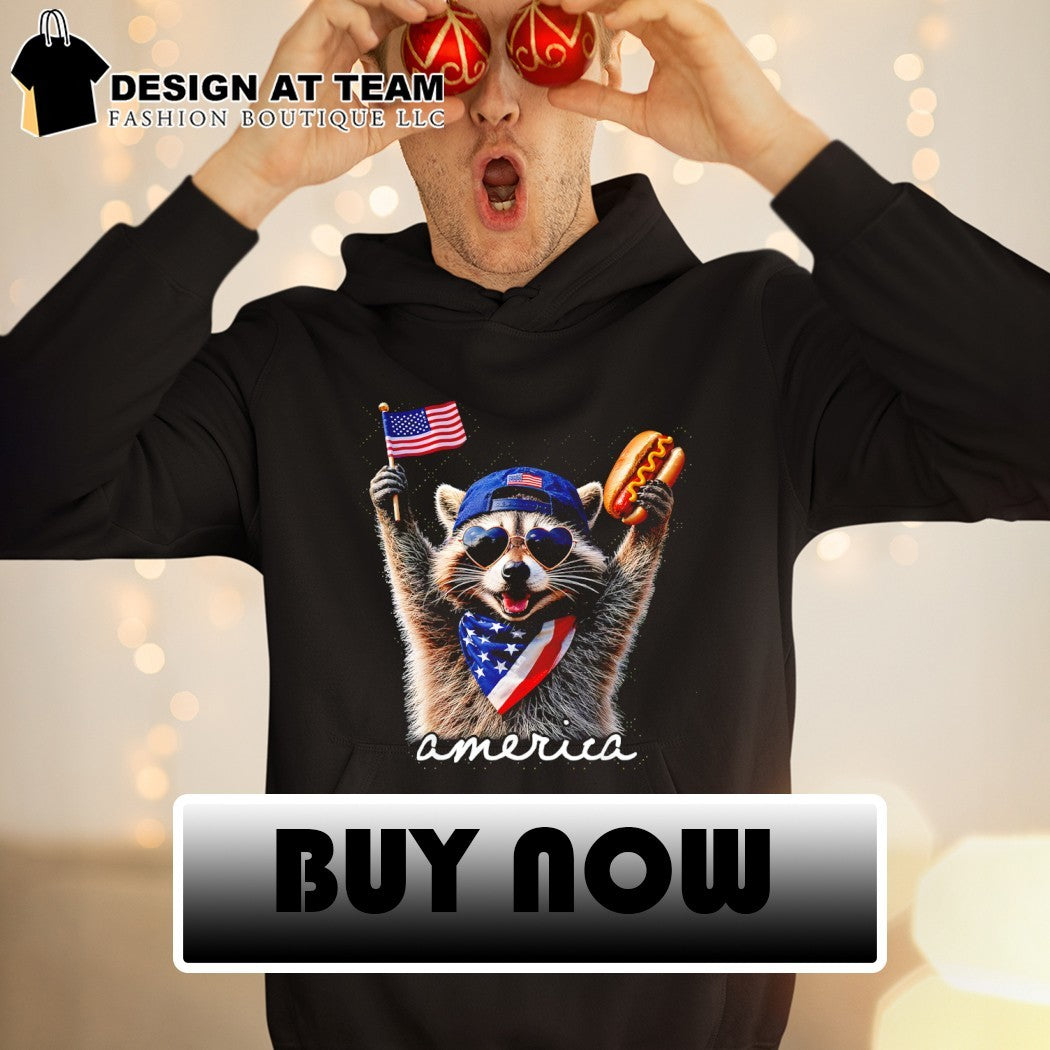 Patriotic Raccoon holding hotdog American flag 4th of July America shirt
