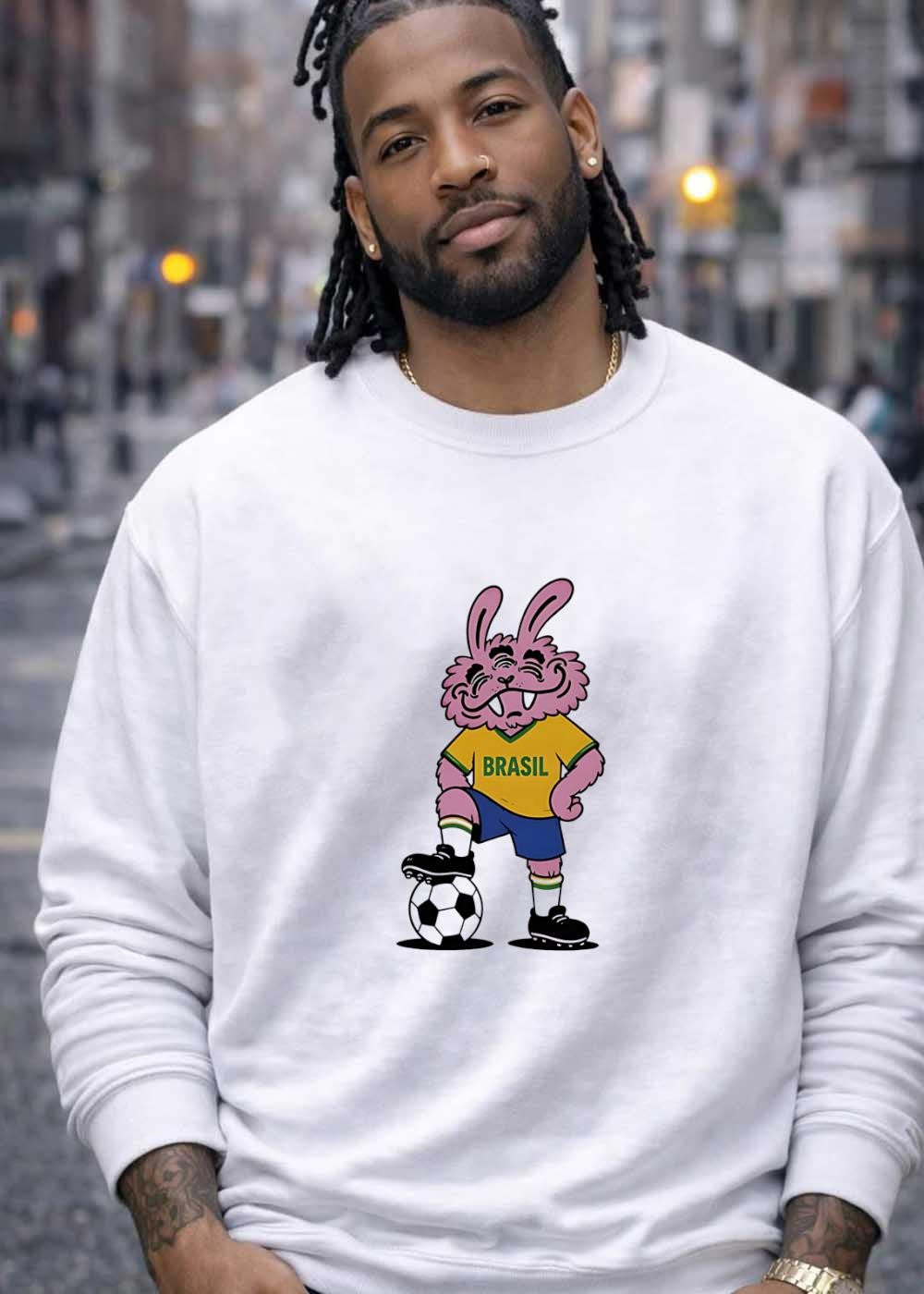 Pink Mutant Rabbit Standing on Soccer Ball Brasil T-Shirt