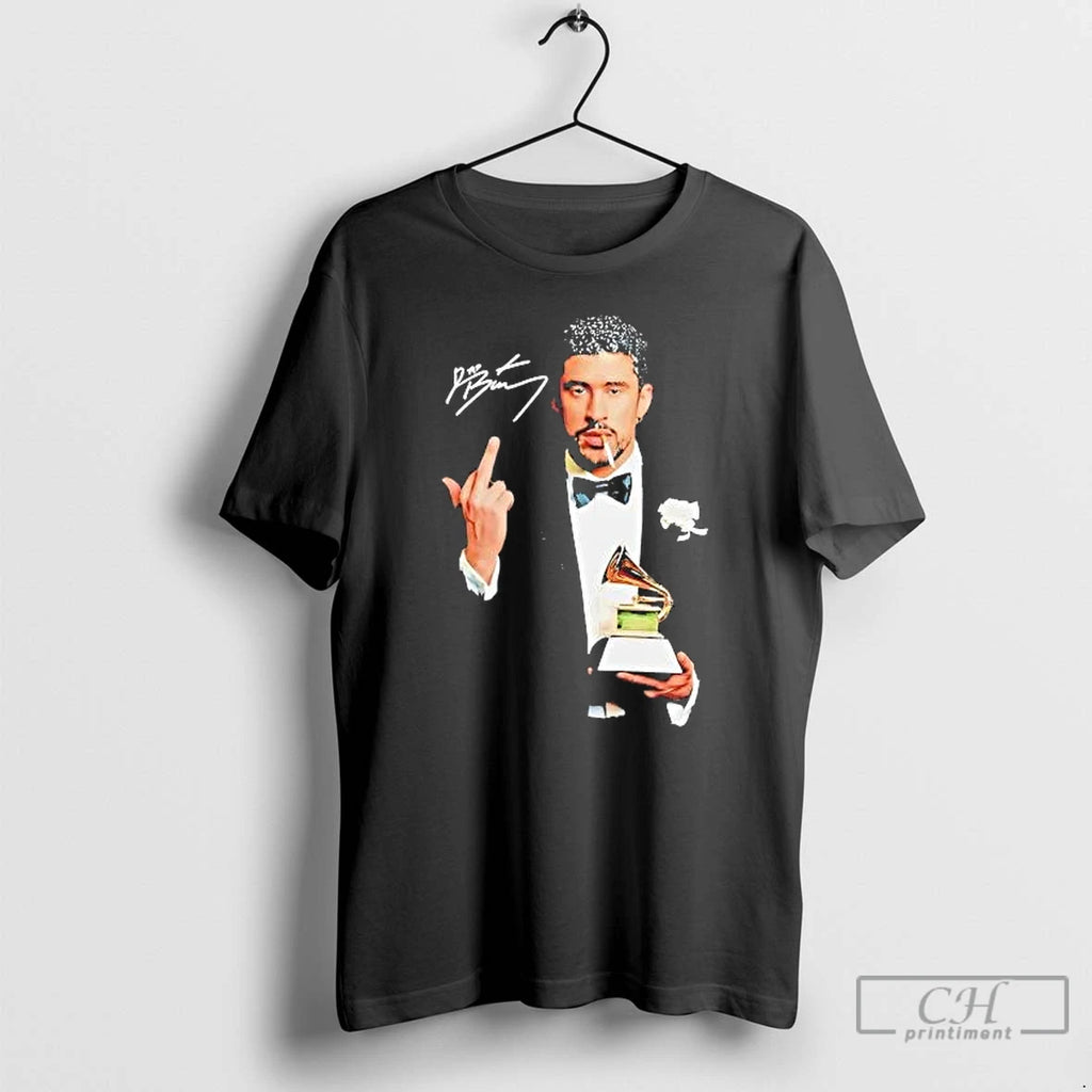 Premium Bad Bunny Smoking And Middle Finger Holding Grammy Trophy 2026