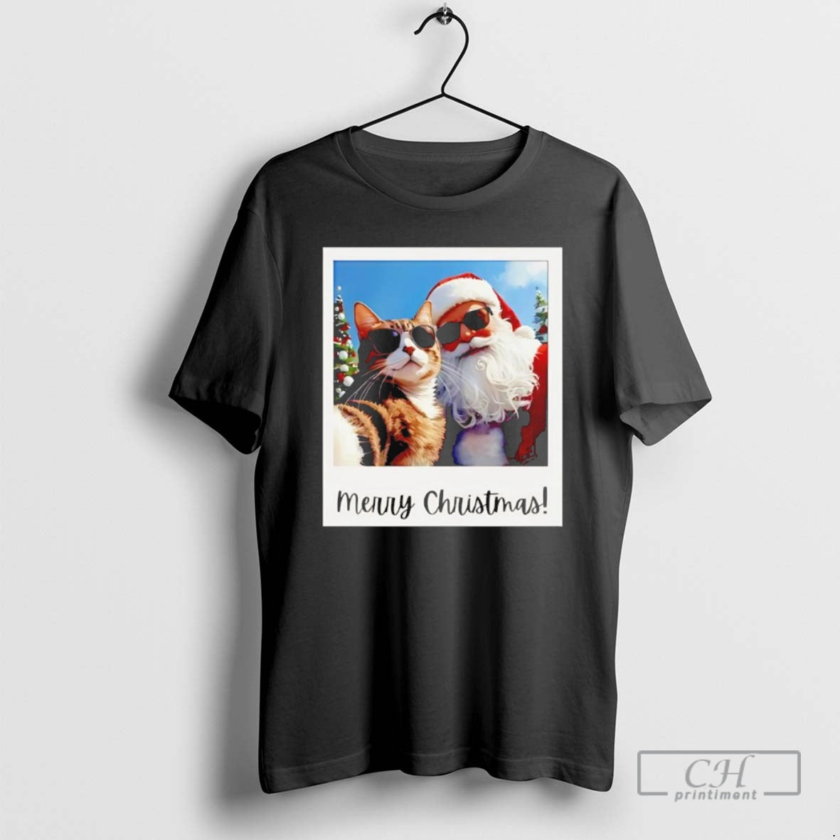 Premium Cat Santa Selfie Christmas Photo Black Shirt Sweater