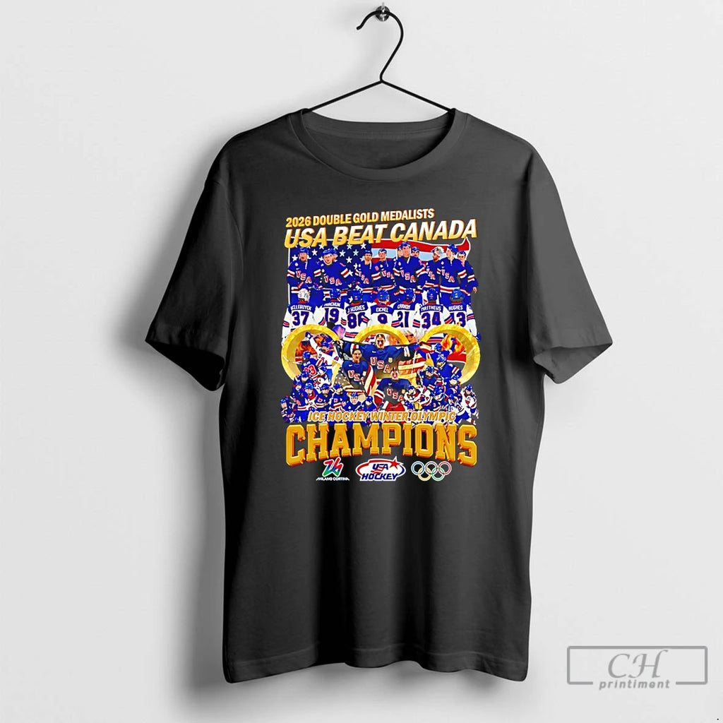 Premium Double Gold Medalists Usa Beat Canada Mens Ice Hockey Olympic Champions 2026 T Shirts