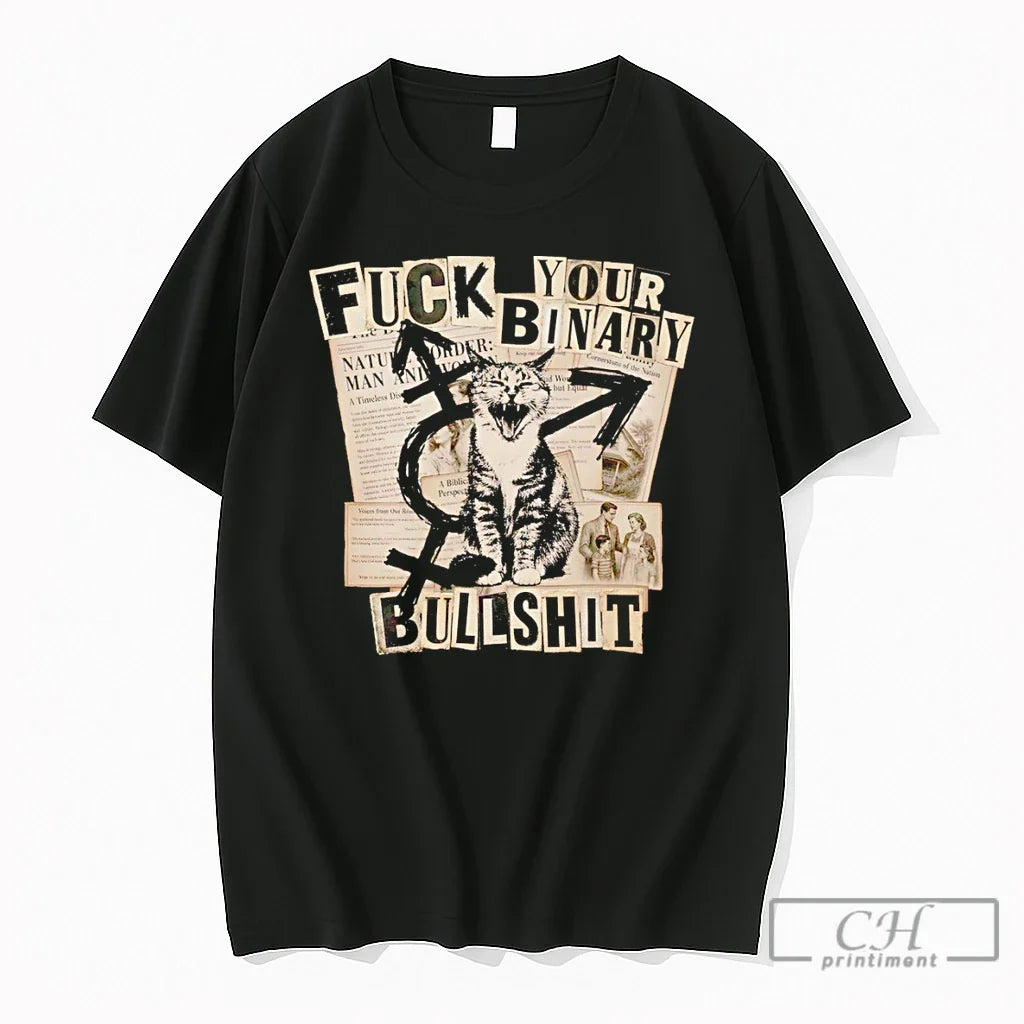 Premium Gender Neutral Kitty Cat Fuck Your Binary Bullshit Vintage Unisex , , , Long Sleeve Tee