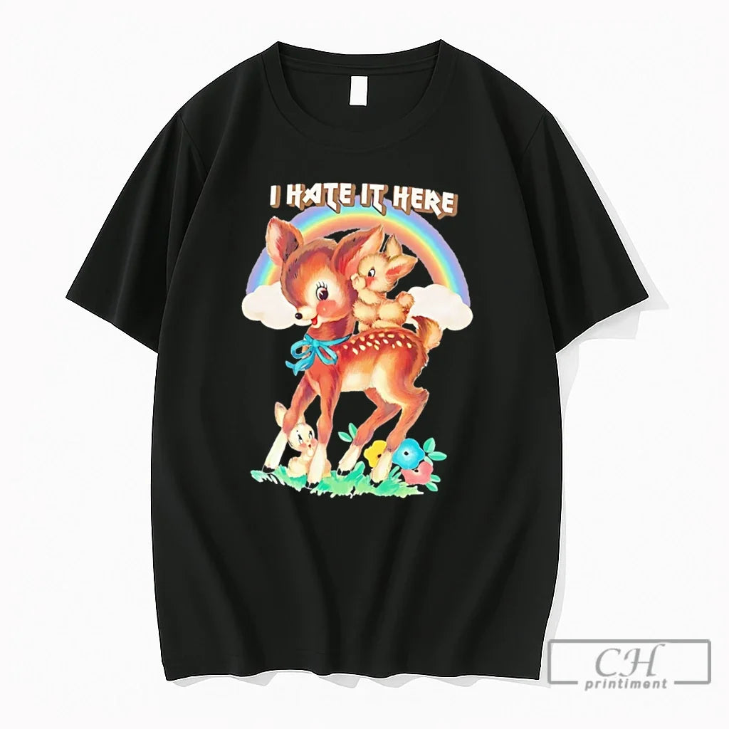Premium I Hate It Here Cartoon Deer Vintage Tee Unisex , , , Long Sleeve Tee