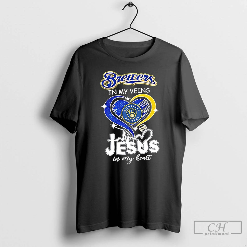 Premium Milwaukee Brewers In My Veins And Jesus In My Heart Diamond Heart T Shirts