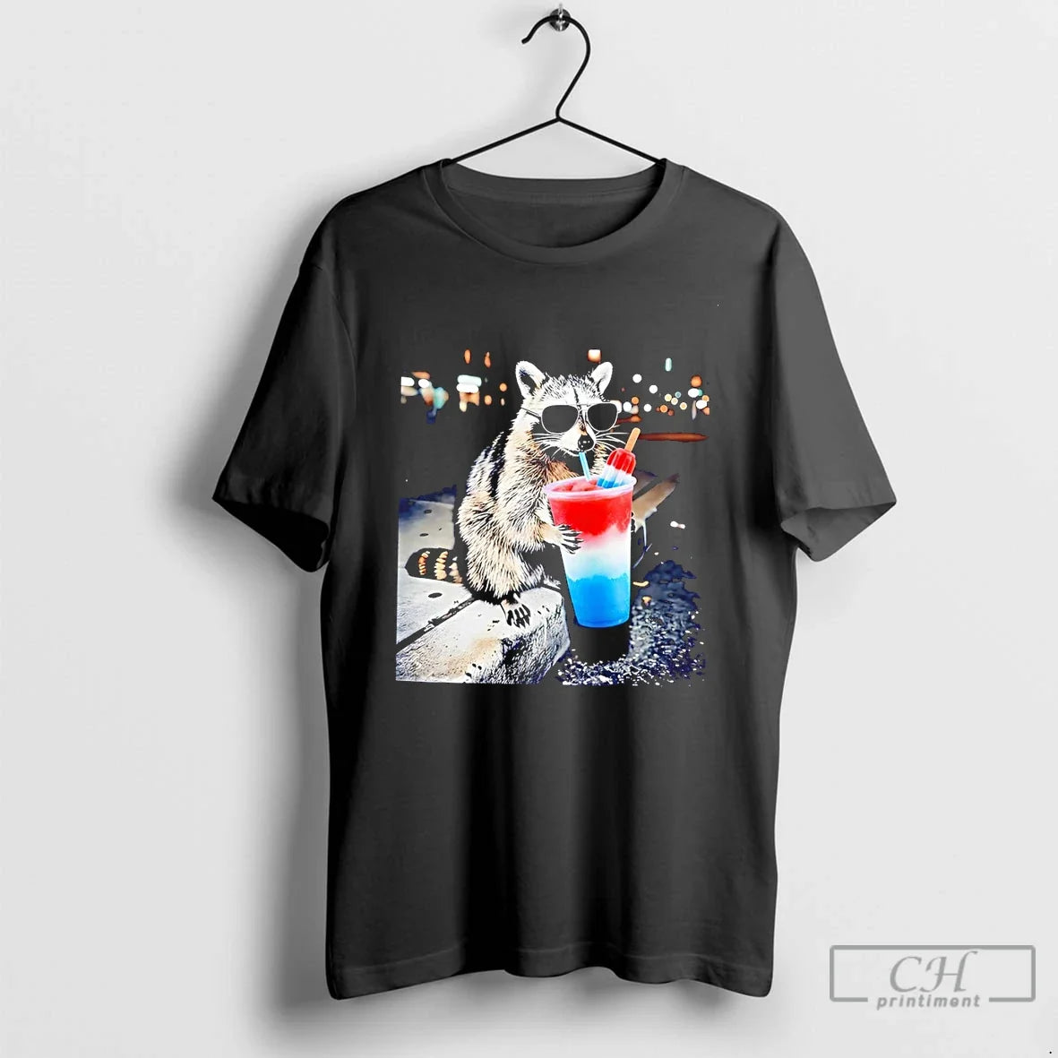 Premium Raccoon Holding A Red White And Blue Slushy With Popsicle Unisex , , , Long Sleeve Tee