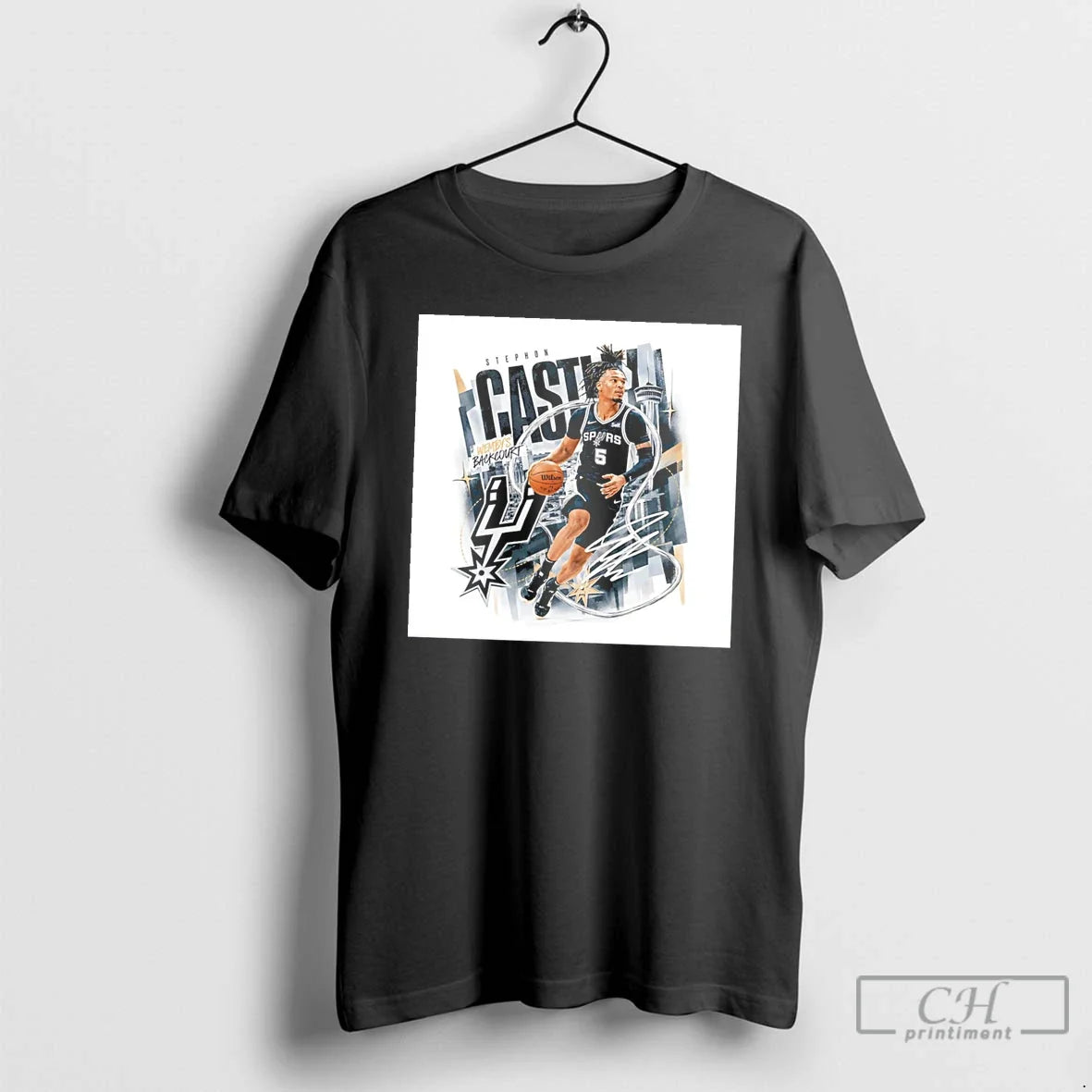 Premium San Antonio Spurs Stephon Castle Skyline Background Tee Unisex , , , Long Sleeve Tee