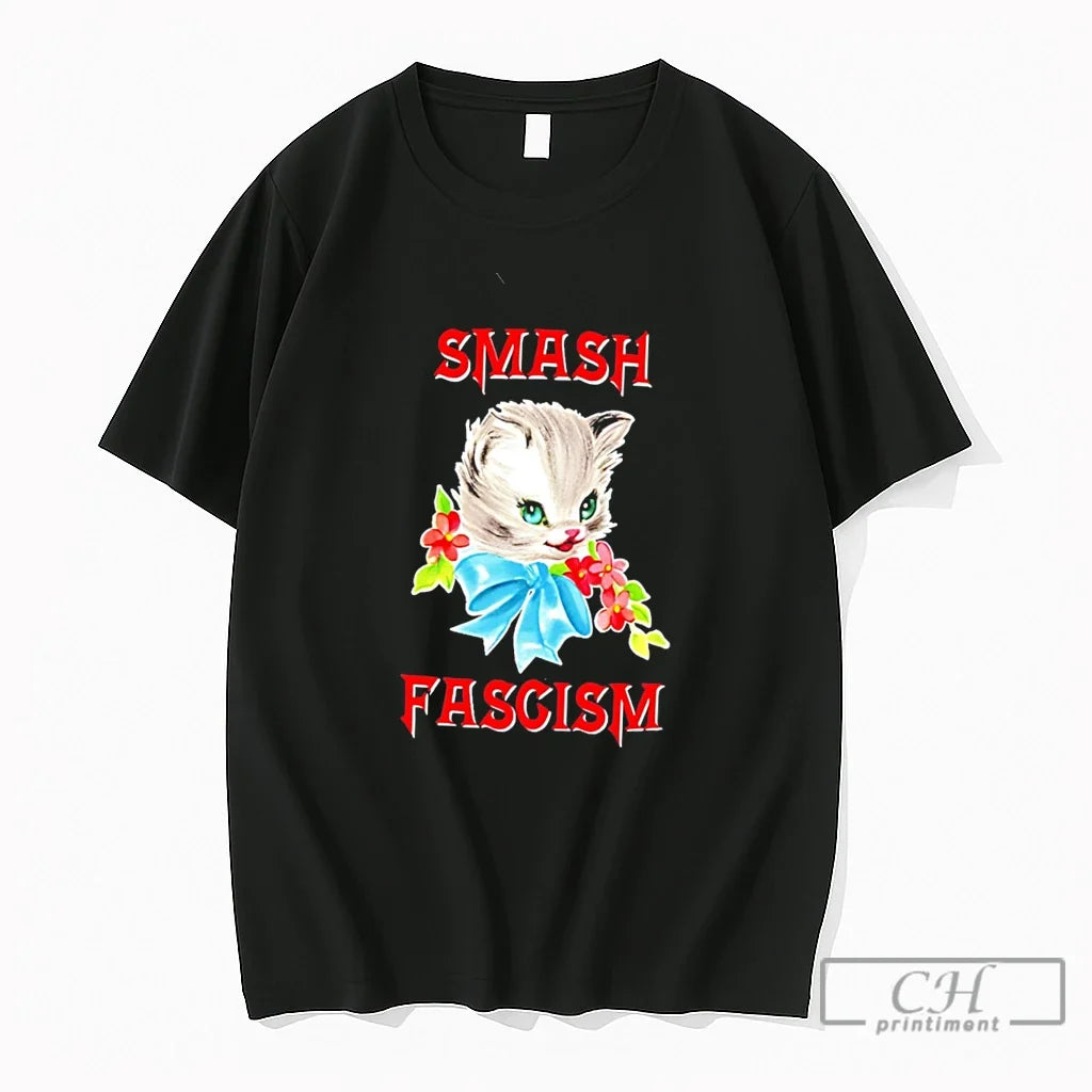 Premium Smash Fascism Cute Cat Illustration Vintage Tee Unisex , , , Long Sleeve Tee
