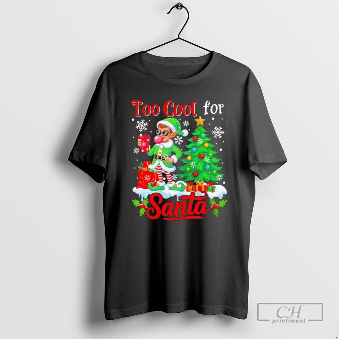 Premium Too Cool For Santa Merry Christmas Elf Sunglasses Drink Coffee Black Shirt Sweater