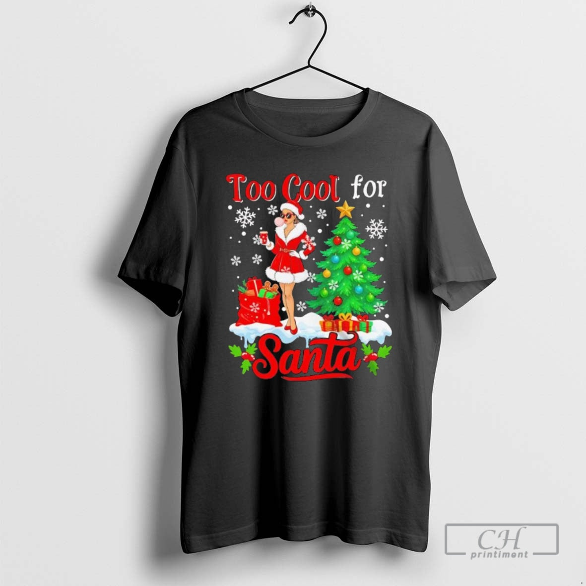 Premium Too Cool For Santa Merry Christmas Santa Women Drink Coffee Black Shirt Sweater