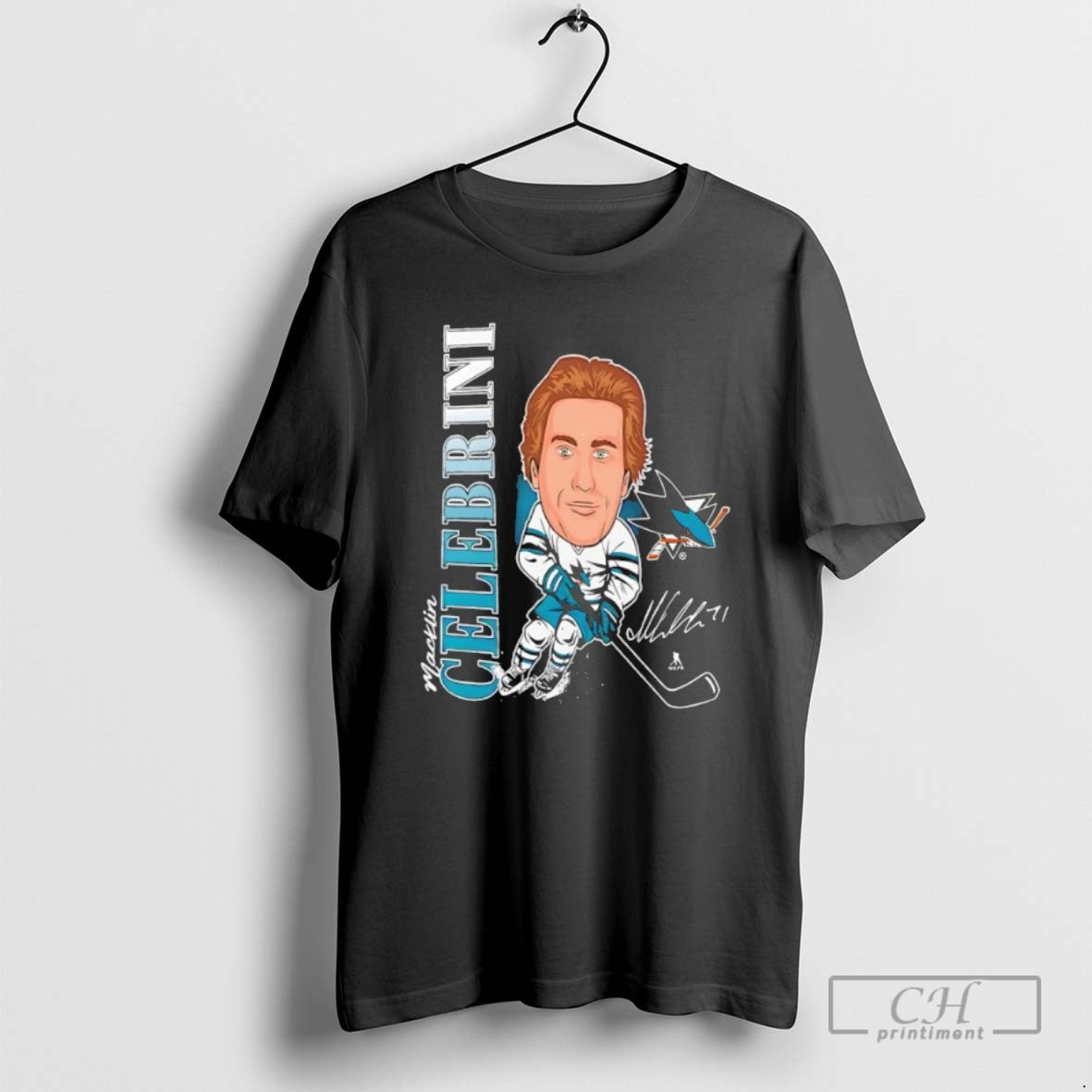 Premium An Jose Sharks Fanatics 71 Macklin Celebrini Big Head Cartoon Black Shirt Sweater
