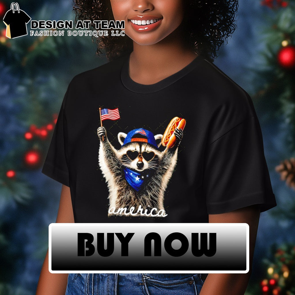 Raccoon American hat holding hotdog and flag 4th of July America political shirt