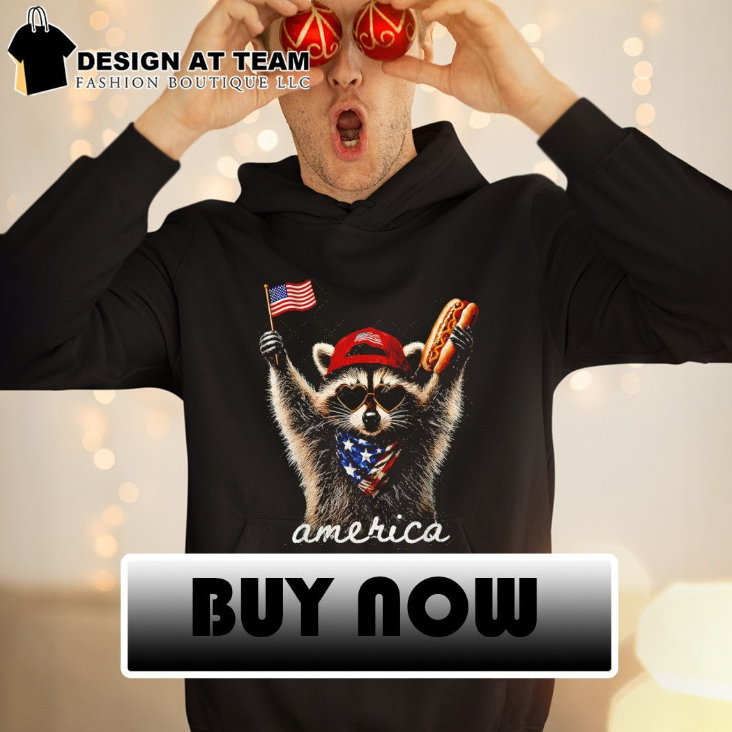Raccoon holding hotdog American flag 4th of July America shirt