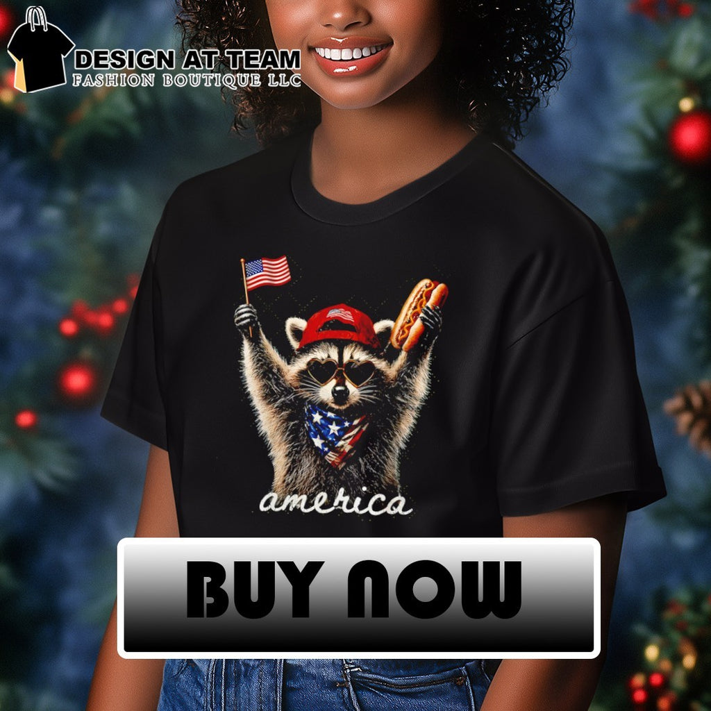 Raccoon holding hotdog American flag 4th of July America shirt