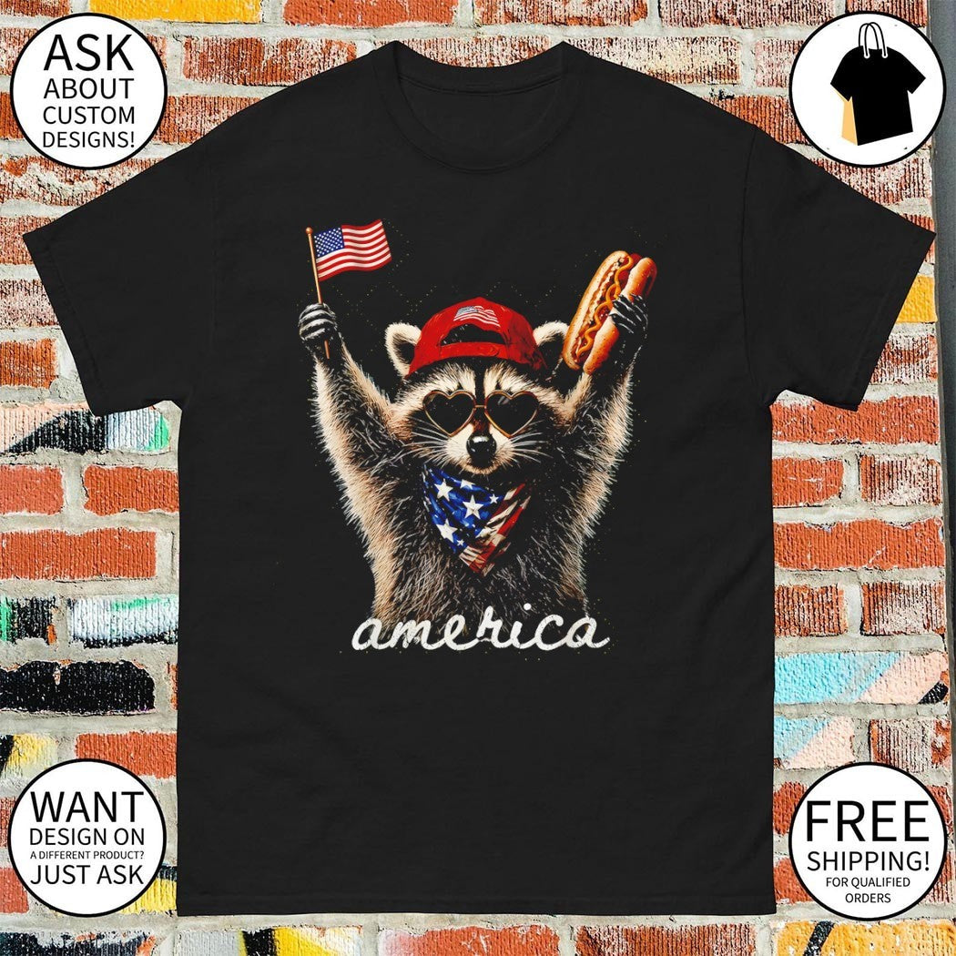 Raccoon holding hotdog American flag 4th of July America shirt