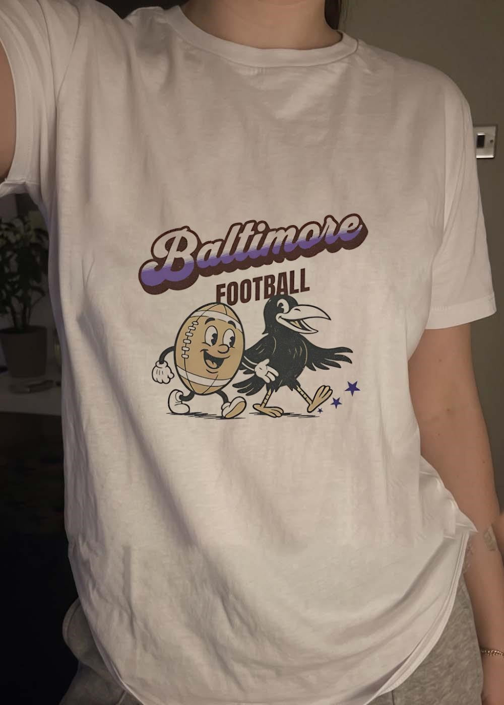 Retro Football Apparel Baltimore Raven Mascot Walking Art Team Shirt