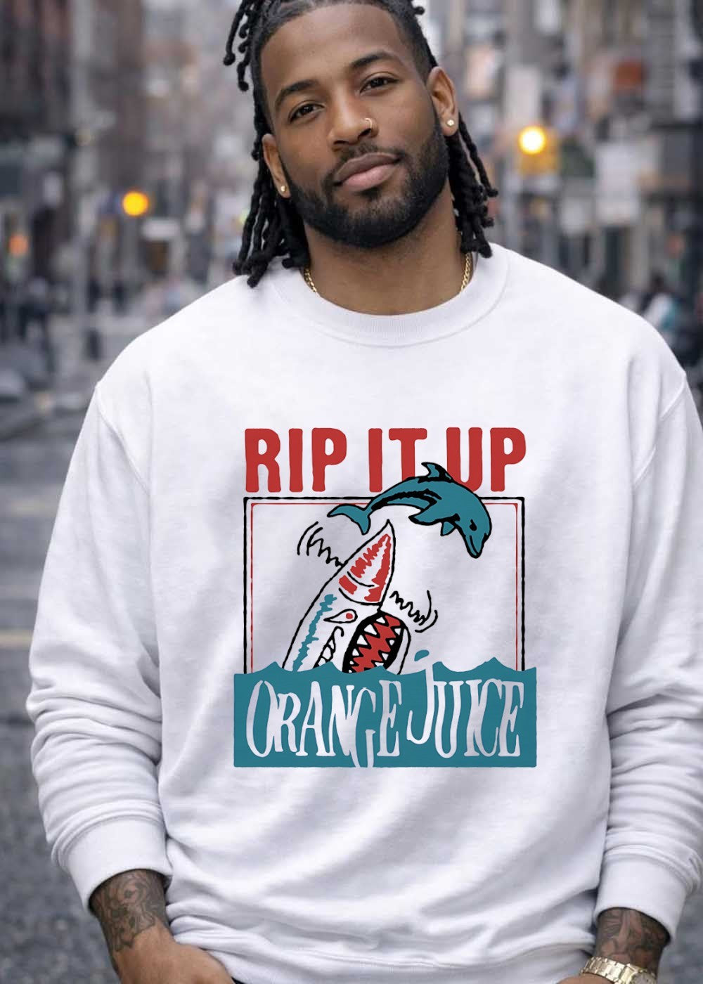 Rip It Up Orange Juice Dolphin Shark Retro Surf T-Shirt