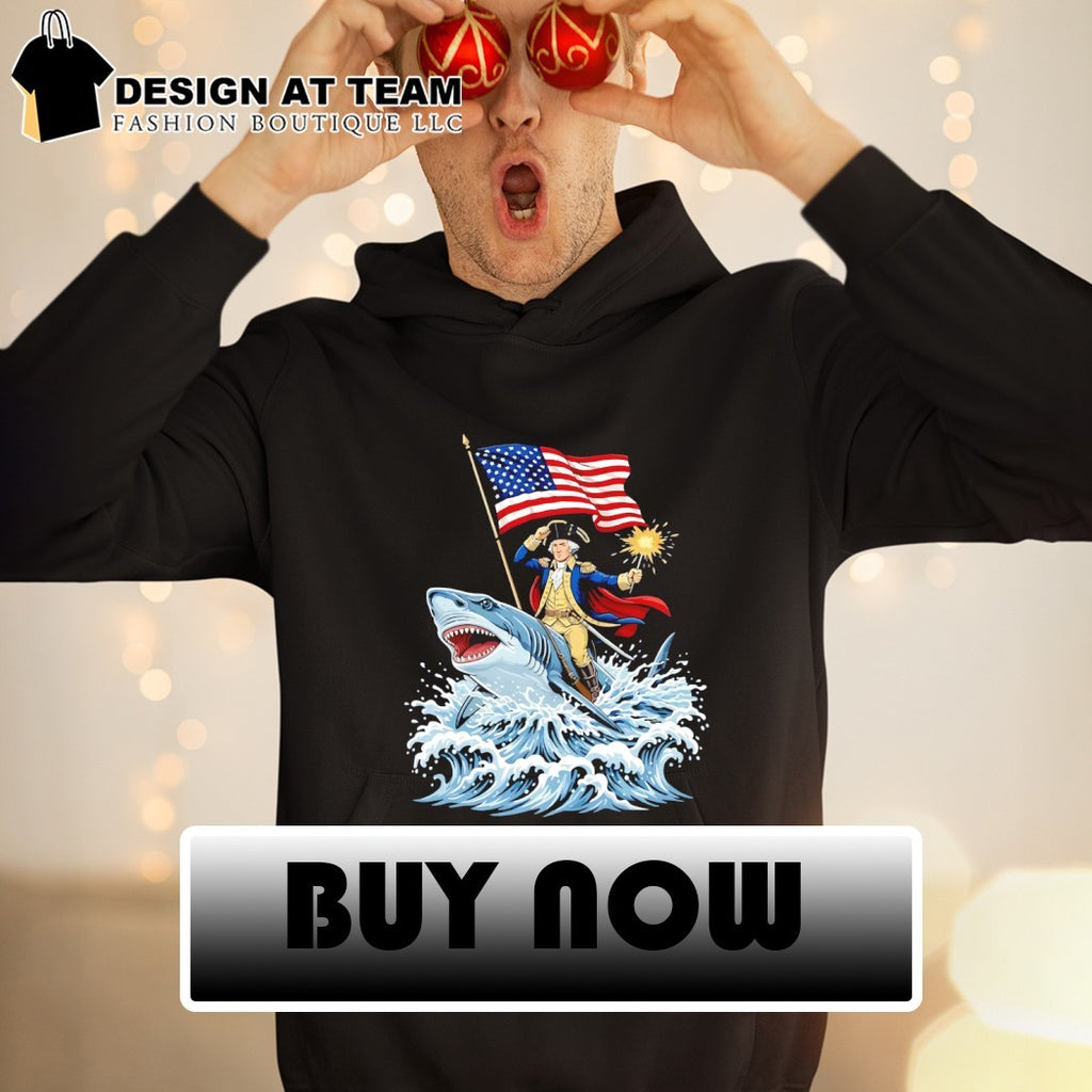 Shark Riding George Washington Patriotic 4th of July American flag shirt