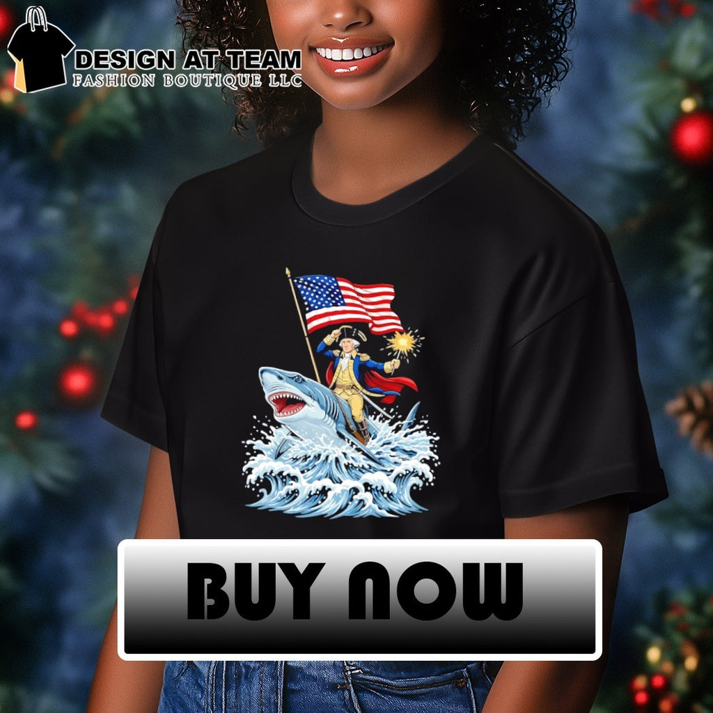 Shark Riding George Washington Patriotic 4th of July American flag shirt