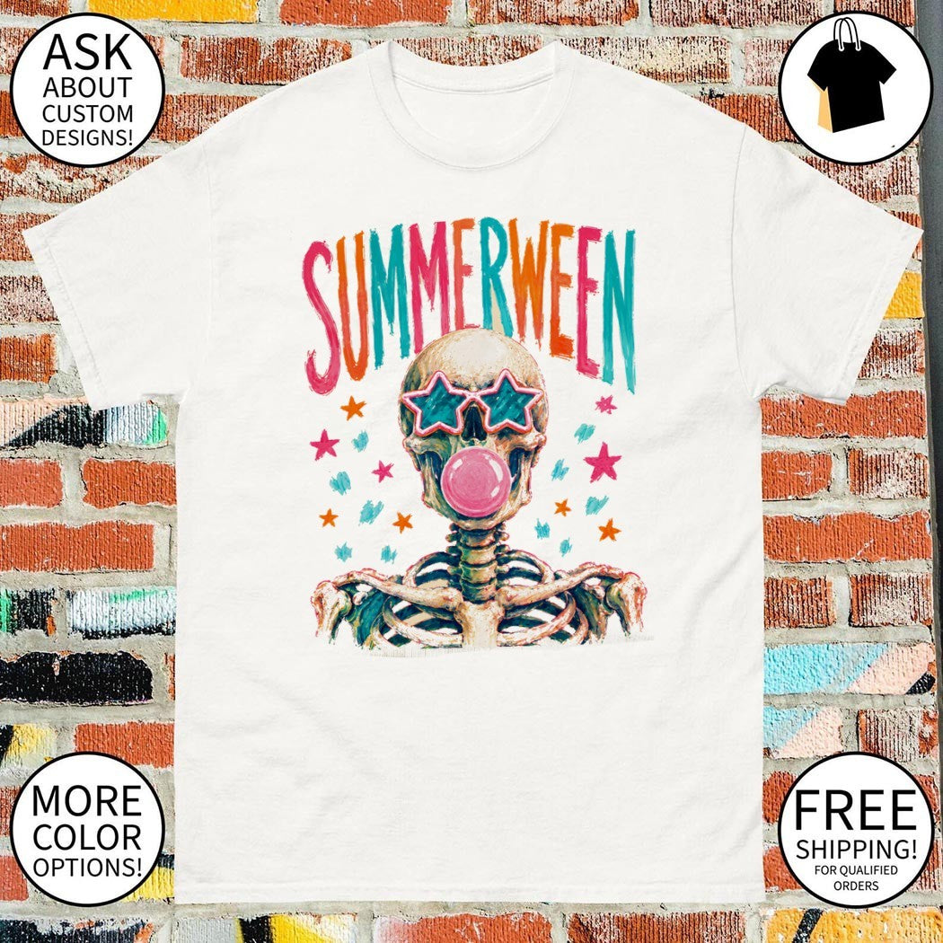 Skeleton blowing gum bubbles Summerween Skeleton Skull Bubblegum Spooky Cute Summer 2026 shirt