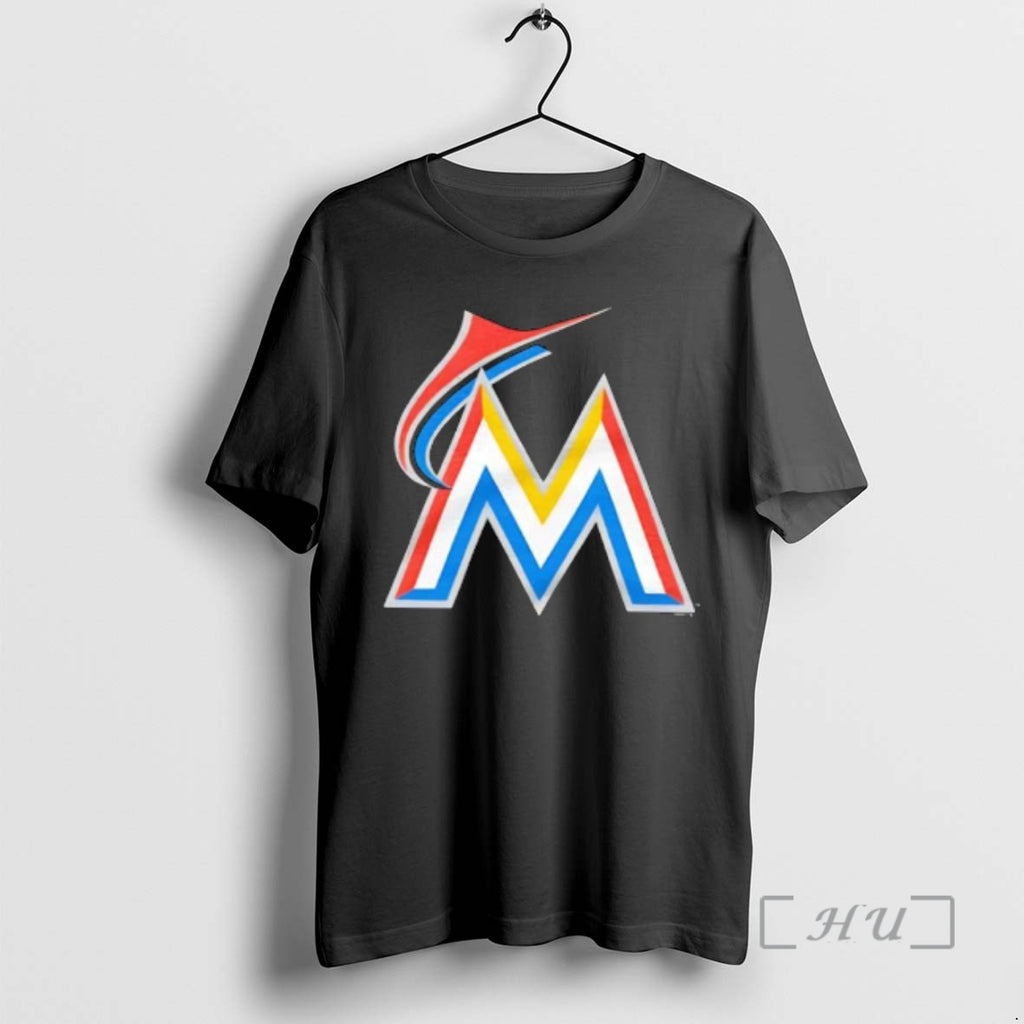 Trending Miami Marlins Logo Stylized Metallic Letter M With Red Blue Yellow Stripes Premium