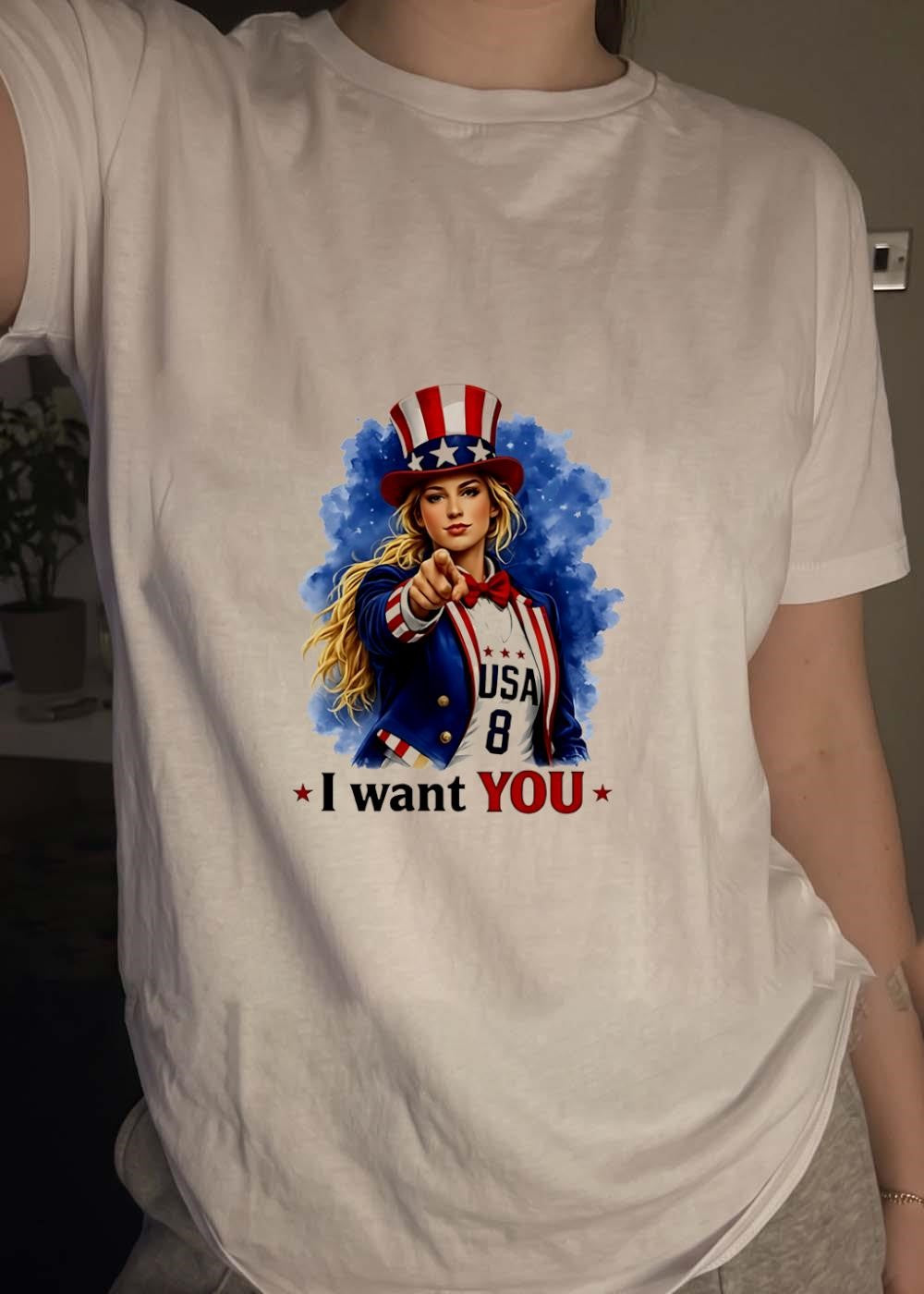 Uncle Sam Style Blonde Woman Pointing I Want You USA 8 T-Shirt