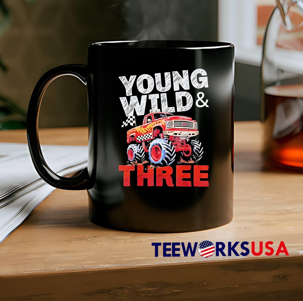 Young Wild And Three Red Monster Truck Racing Birthday Boy shirt