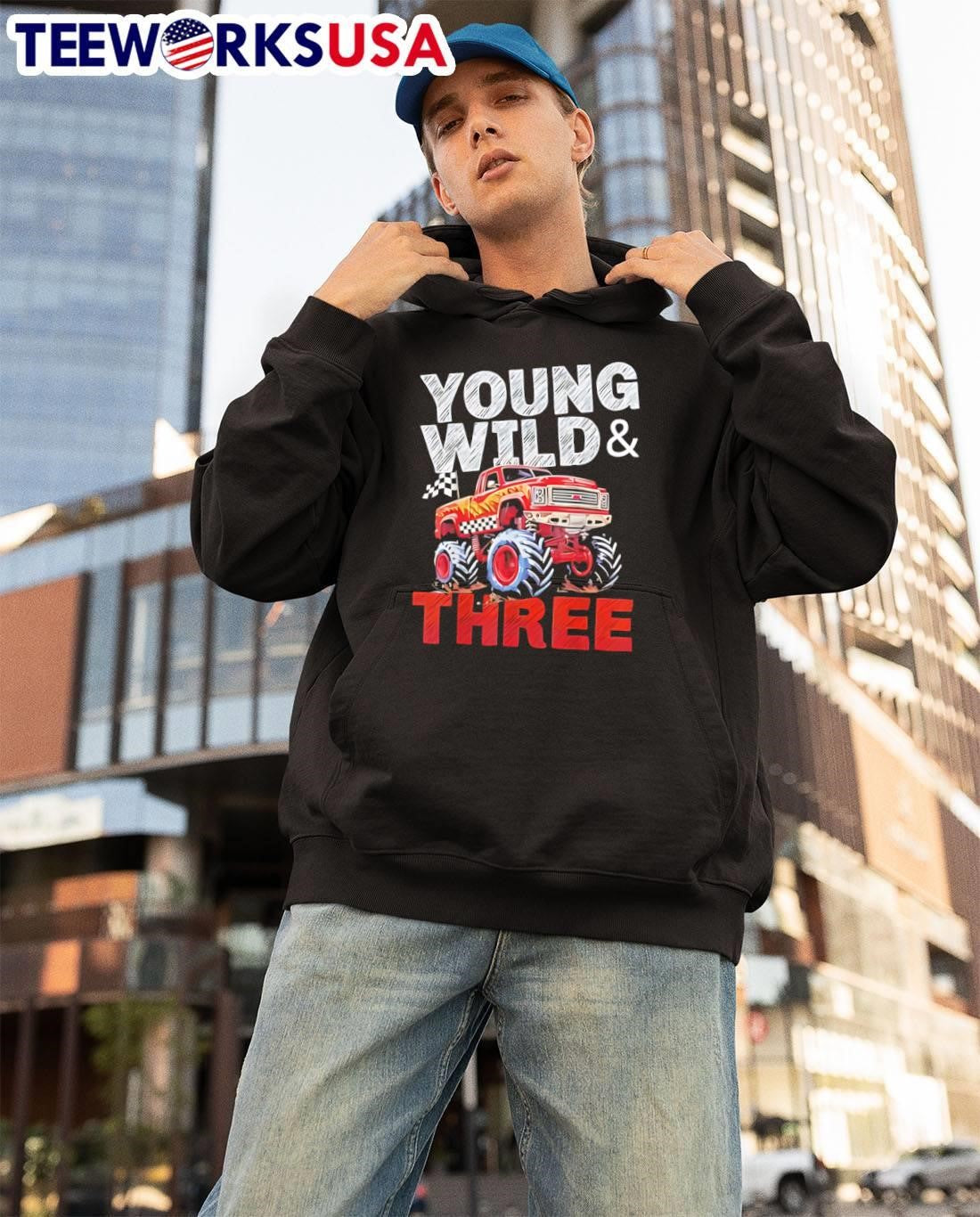 Young Wild And Three Red Monster Truck Racing Birthday Boy shirt