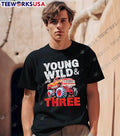 Young Wild And Three Red Monster Truck Racing Birthday Boy shirt