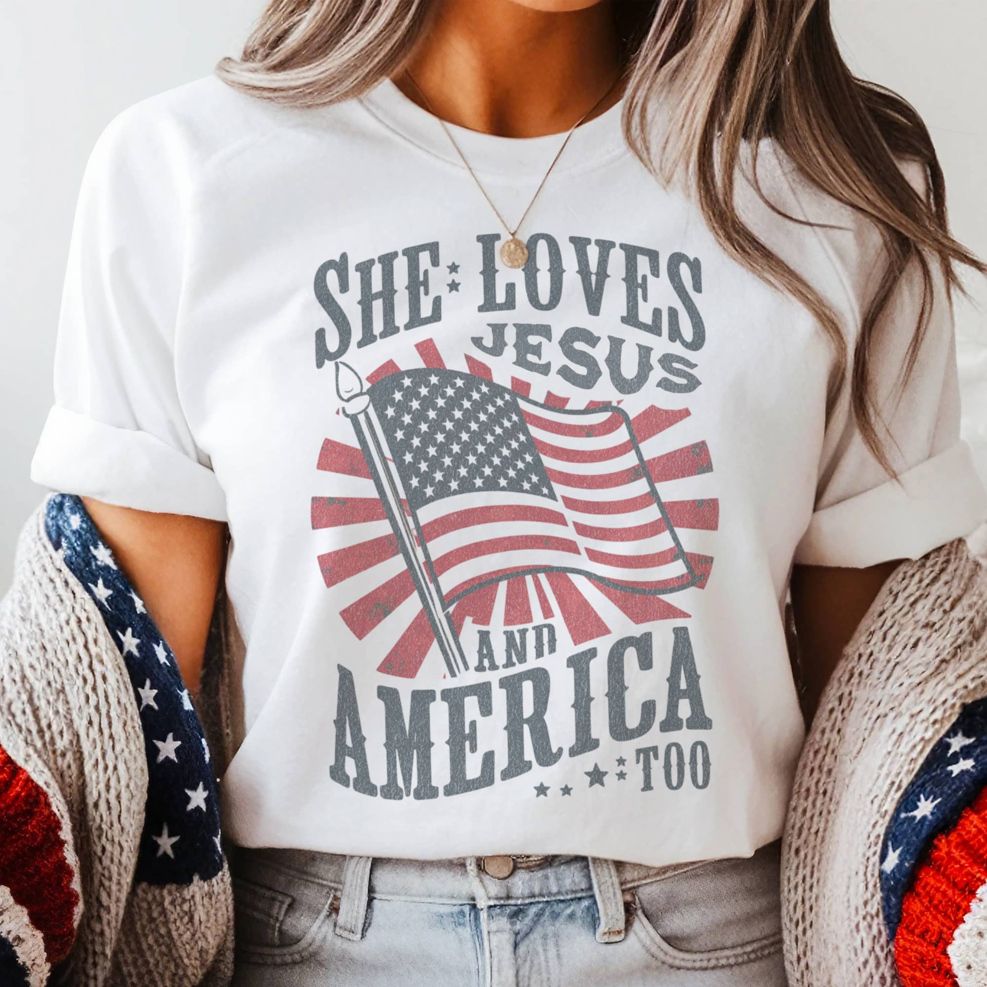 Vintage USA She Loves Jesus and America Too Graphic Tee Unisex , , , Long Sleeve Tee