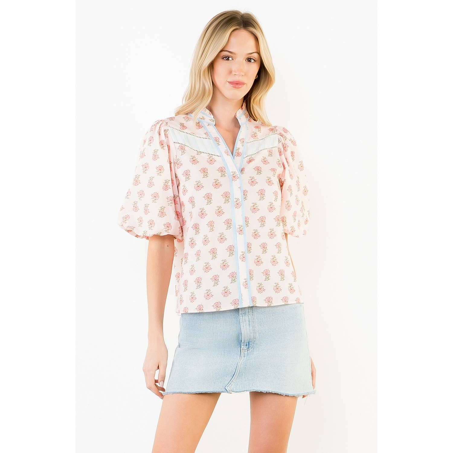 Puff Sleeve Floral Detail V-Neck Top Unisex , , , Long Sleeve Tee