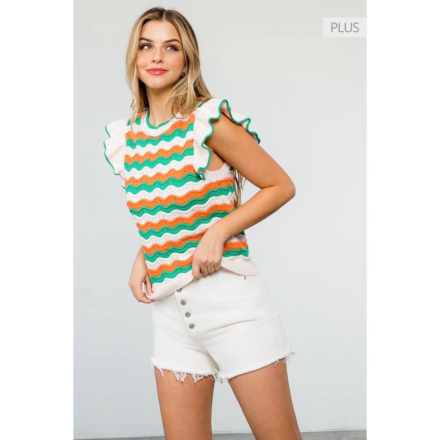 /Size Xl/ Pattern Ribbed Ruffle Sleeve Top Unisex , , , Long Sleeve Tee