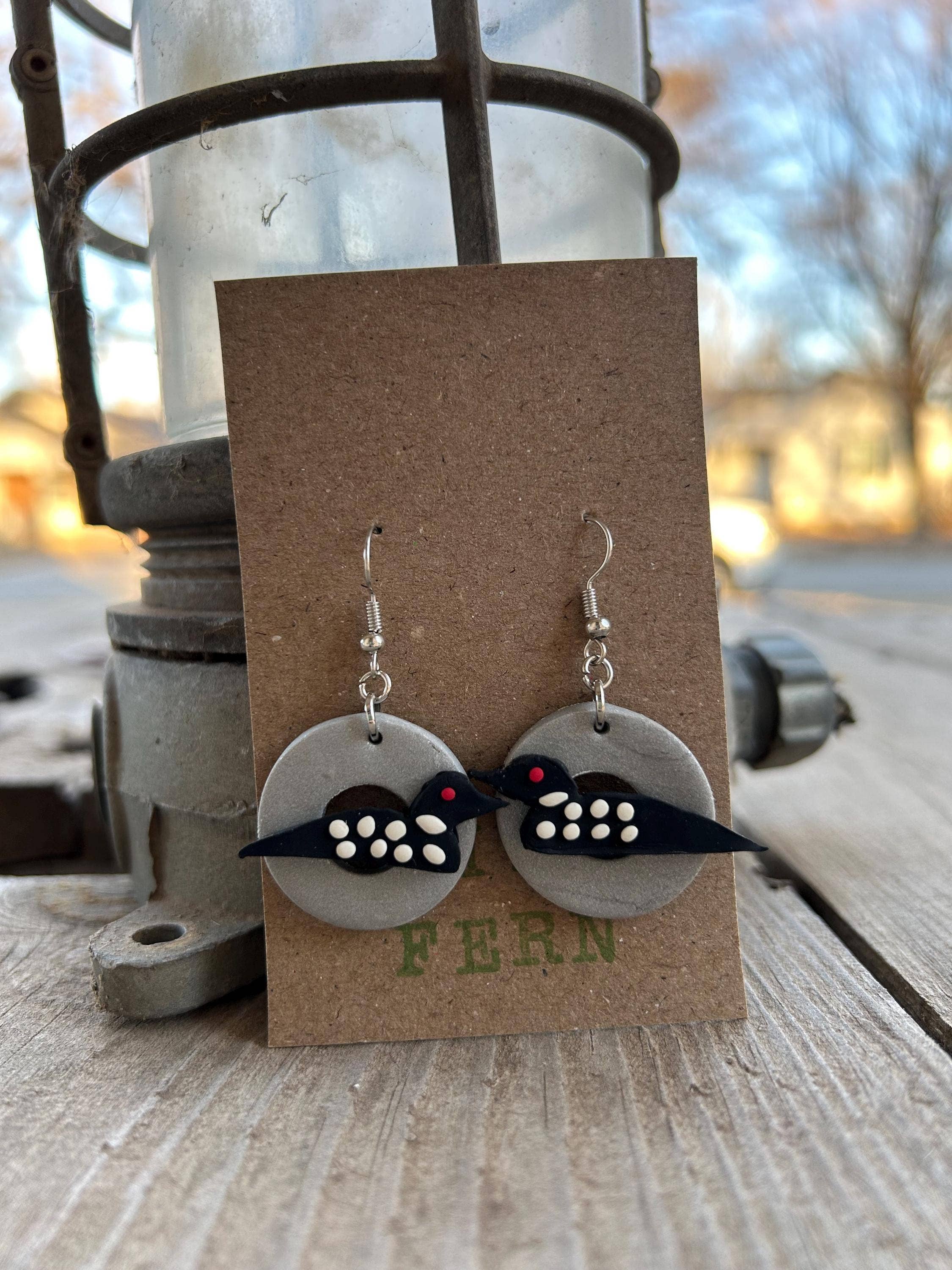 Common Loon Polymer Clay Earrings Unisex , , , Long Sleeve Tee