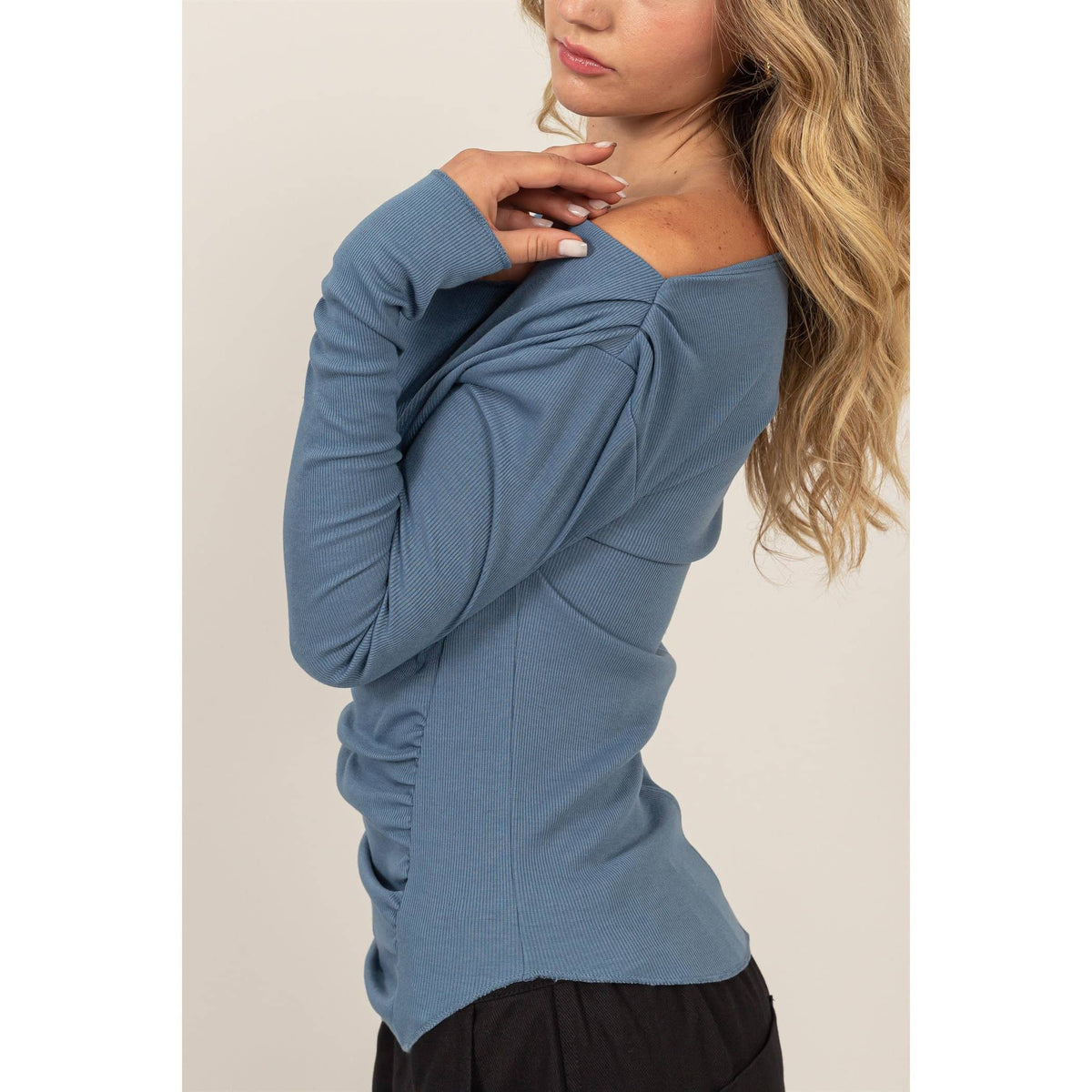 Off-The-Shoulder Ruched Top Unisex , , , Long Sleeve Tee