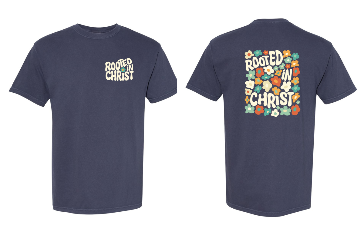 Front/Back Rooted in Christ Floral On Comfort Colors Navy Unisex , , , Long Sleeve Tee