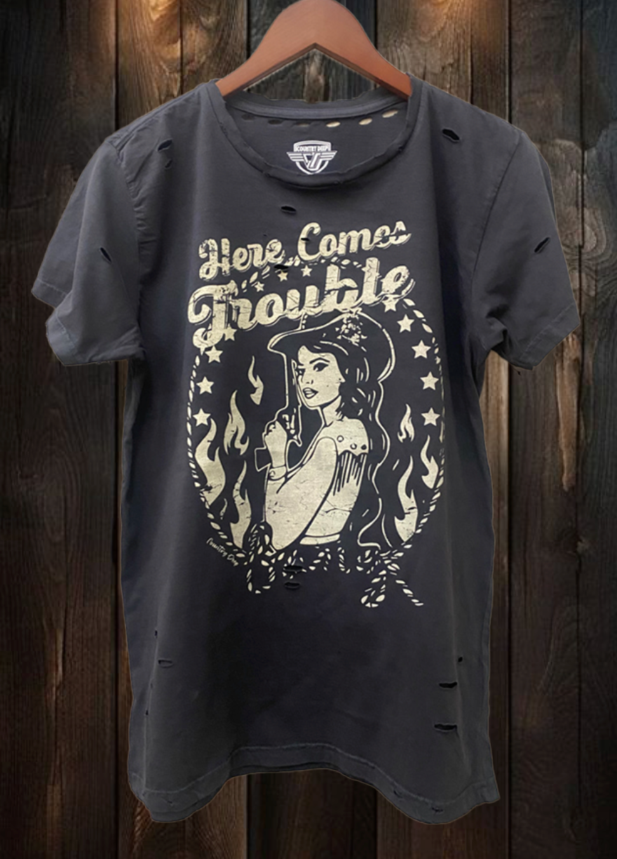 Here Comes Trouble Distressed T Shirt Unisex , , , Long Sleeve Tee