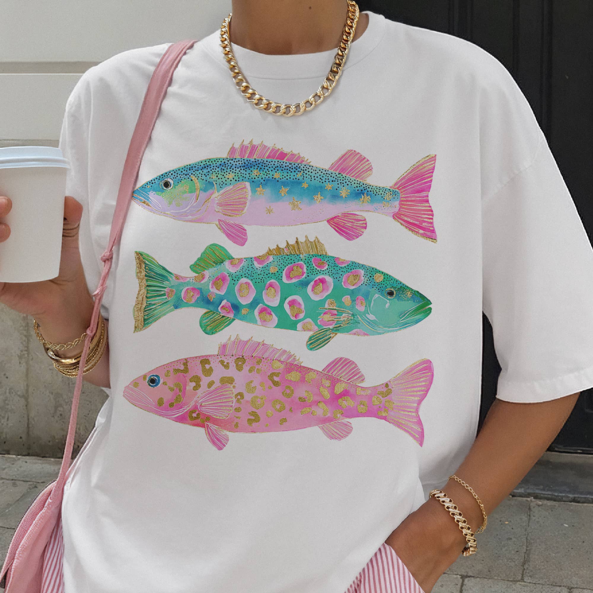 Coastal Preppy Fish Pink Blue Beach Ocean Club Graphic Tee Unisex , , , Long Sleeve Tee