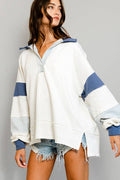 T2004 | French Terry Knit Color-Block Collared Loose Fit Top Unisex , , , Long Sleeve Tee