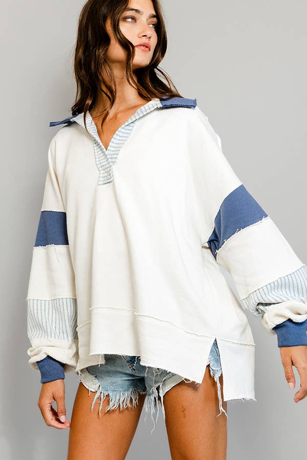 T2004 | French Terry Knit Color-Block Collared Loose Fit Top Unisex , , , Long Sleeve Tee