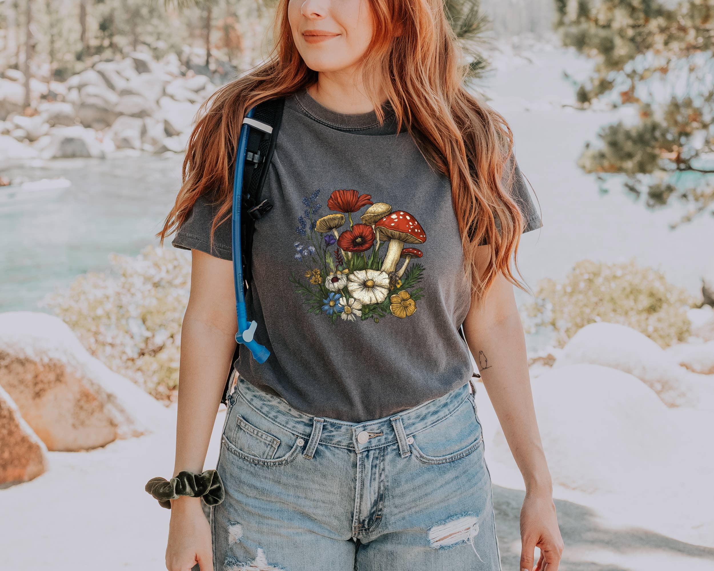 Mushroom, Poppy Wild Flowers Tshirt For Women Comfort Colors Unisex , , , Long Sleeve Tee