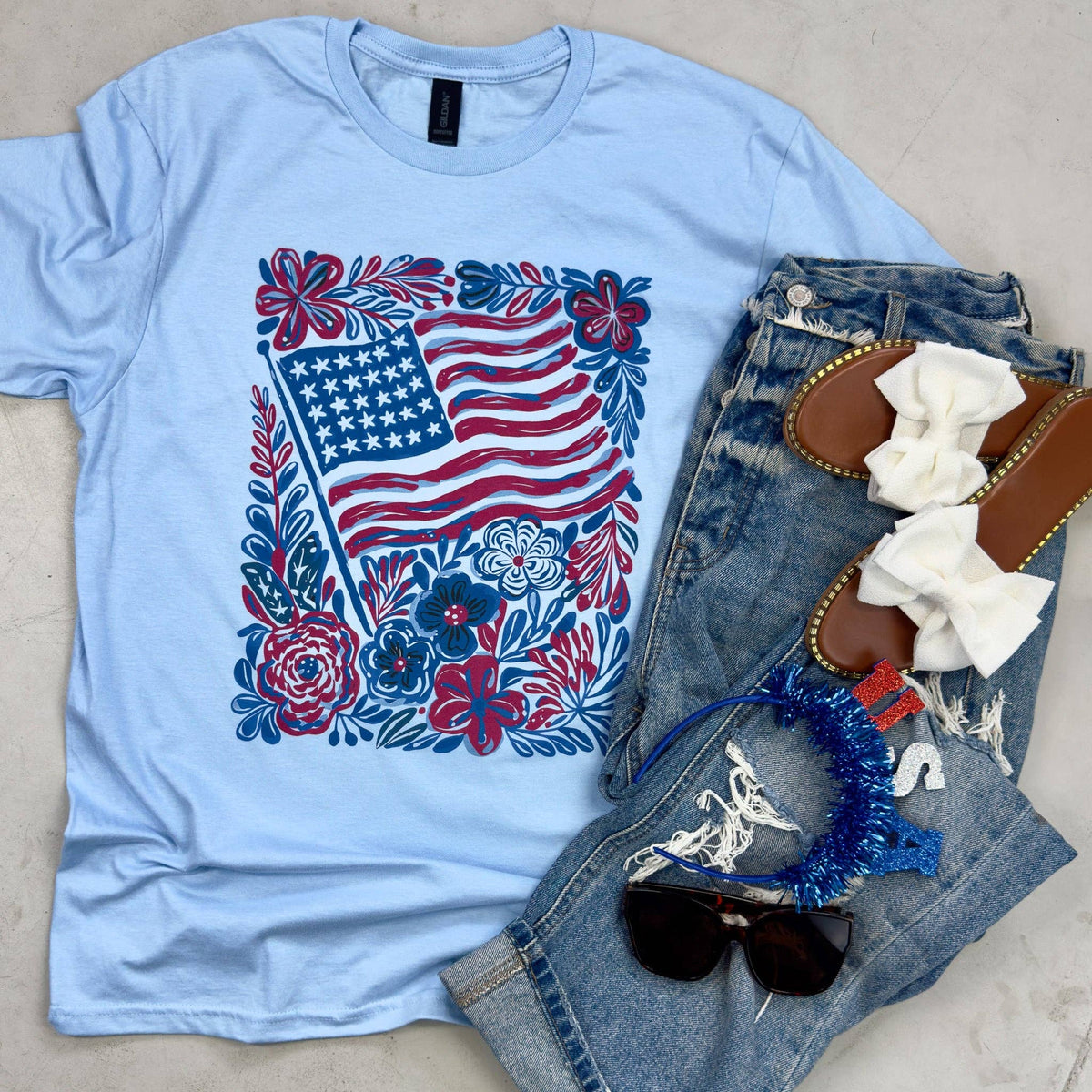 Floral Americana Flag Tee Unisex , , , Long Sleeve Tee