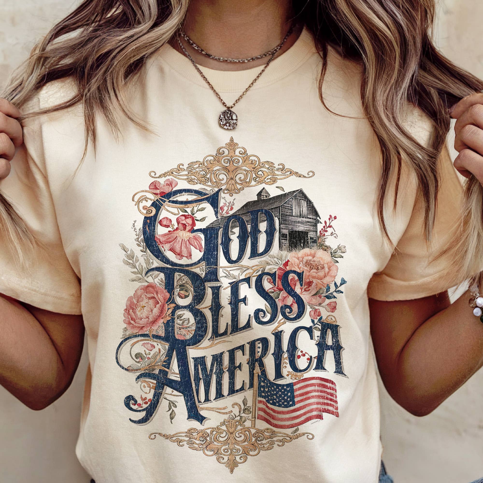 USA God Bless America Faith Patriotic Flag Graphic Tee Unisex , , , Long Sleeve Tee