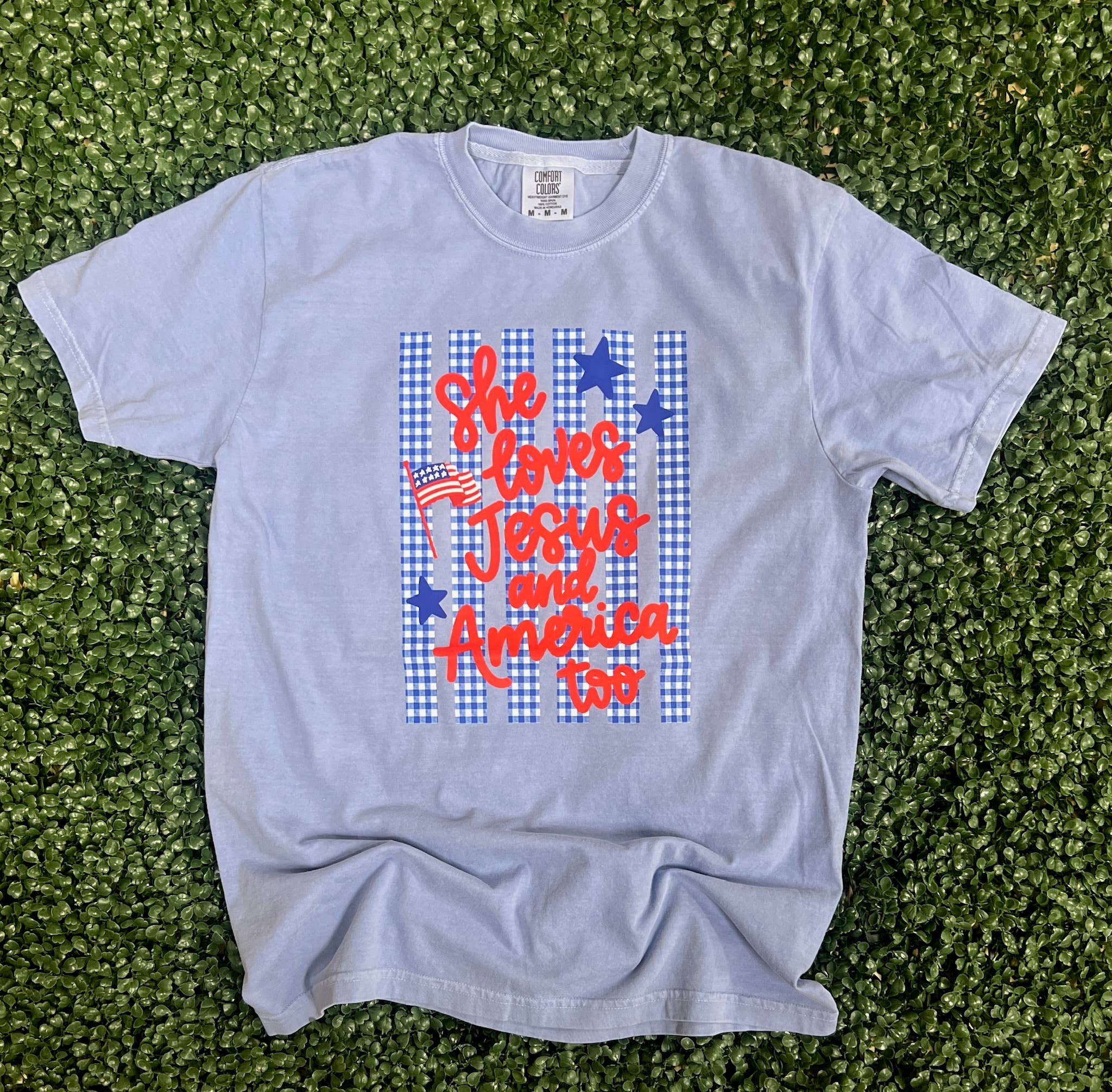 She Loves Jesus and America Too -Comfort Colors Washed Denim Unisex , , , Long Sleeve Tee
