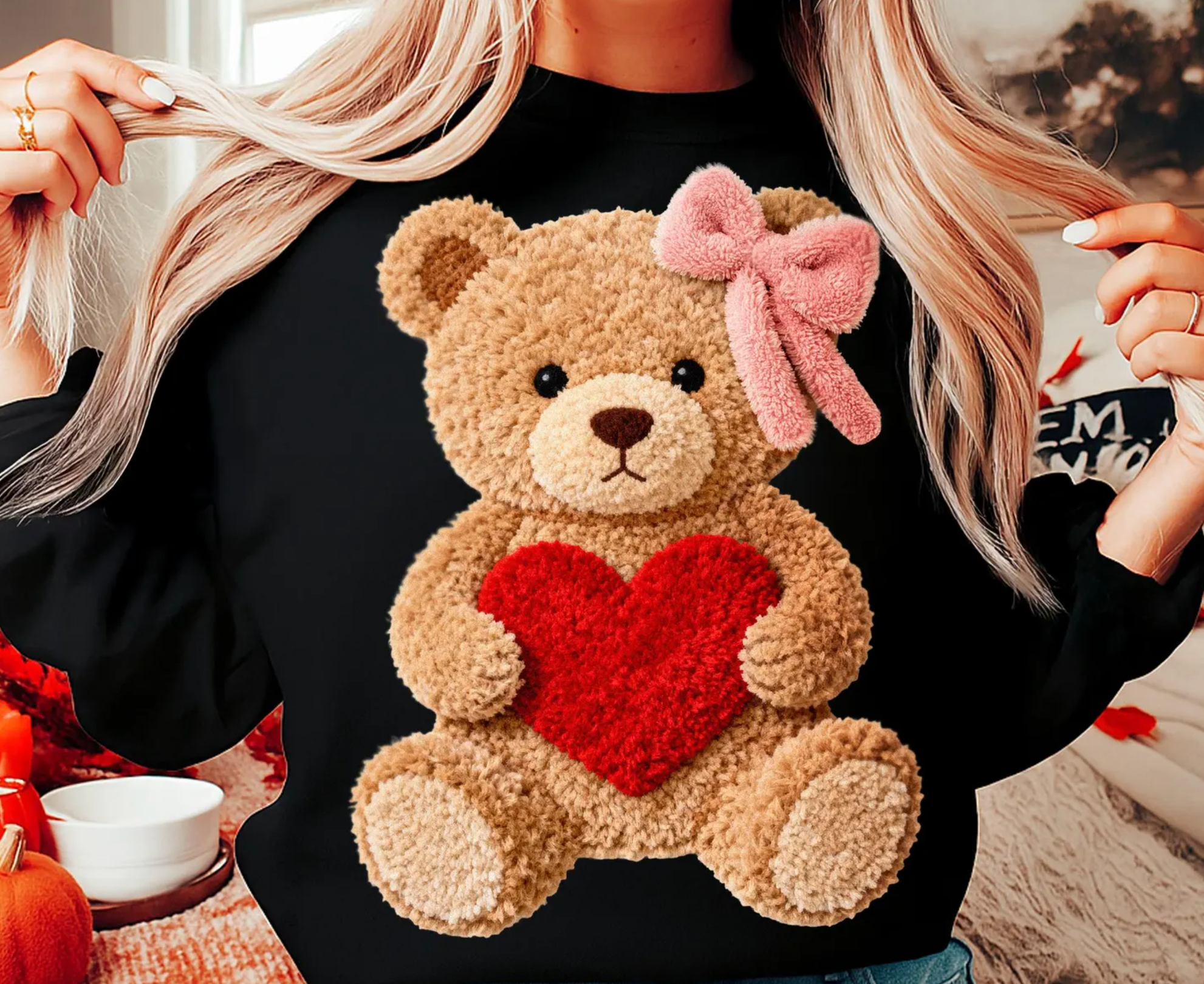 Faux Yarn Valentine's Day Teddy Bear Tee or Unisex , , , Long Sleeve Tee