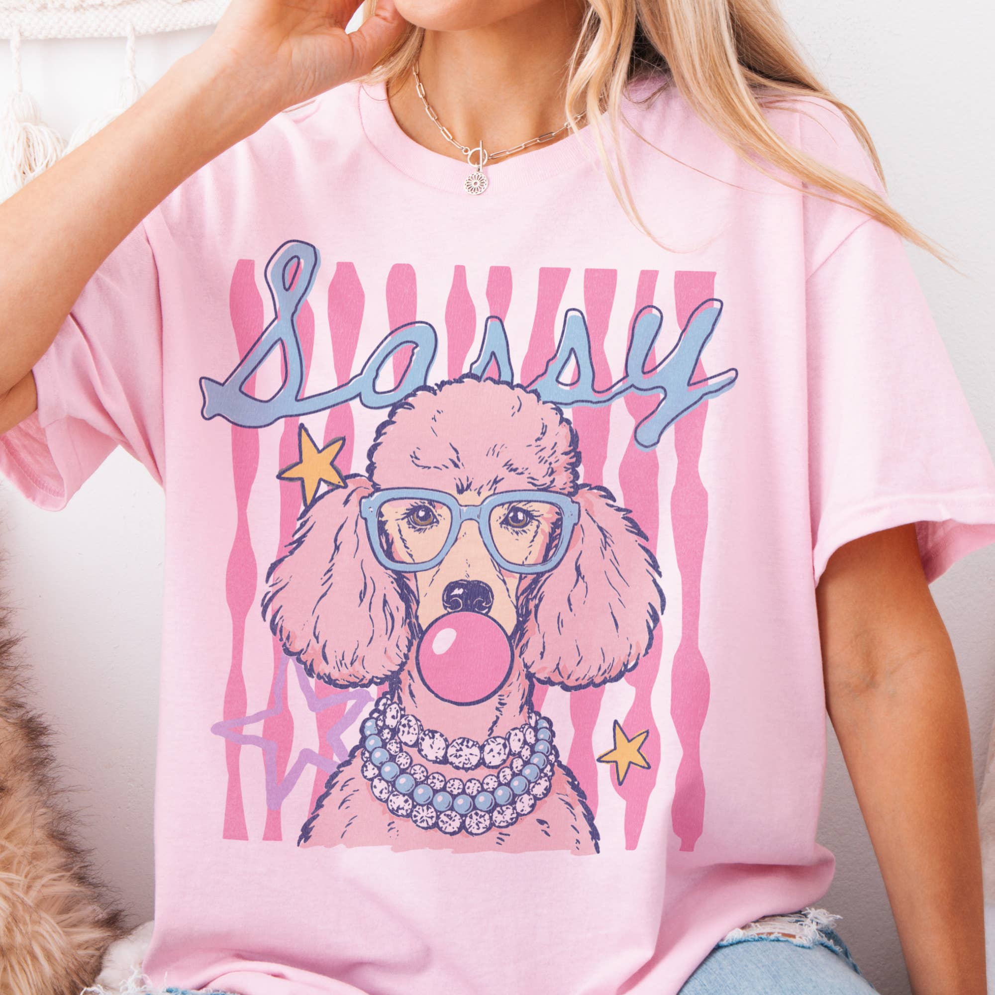 Dog Poodle Sassy Preppy Summer Pink Bubblegum Graphic Tee Unisex , , , Long Sleeve Tee